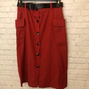 L21 VINTAGE HOLIDAY BRAND RED SKIRT BUTTON FRONT BELT CALF LENGTH POCKETS SZ 15